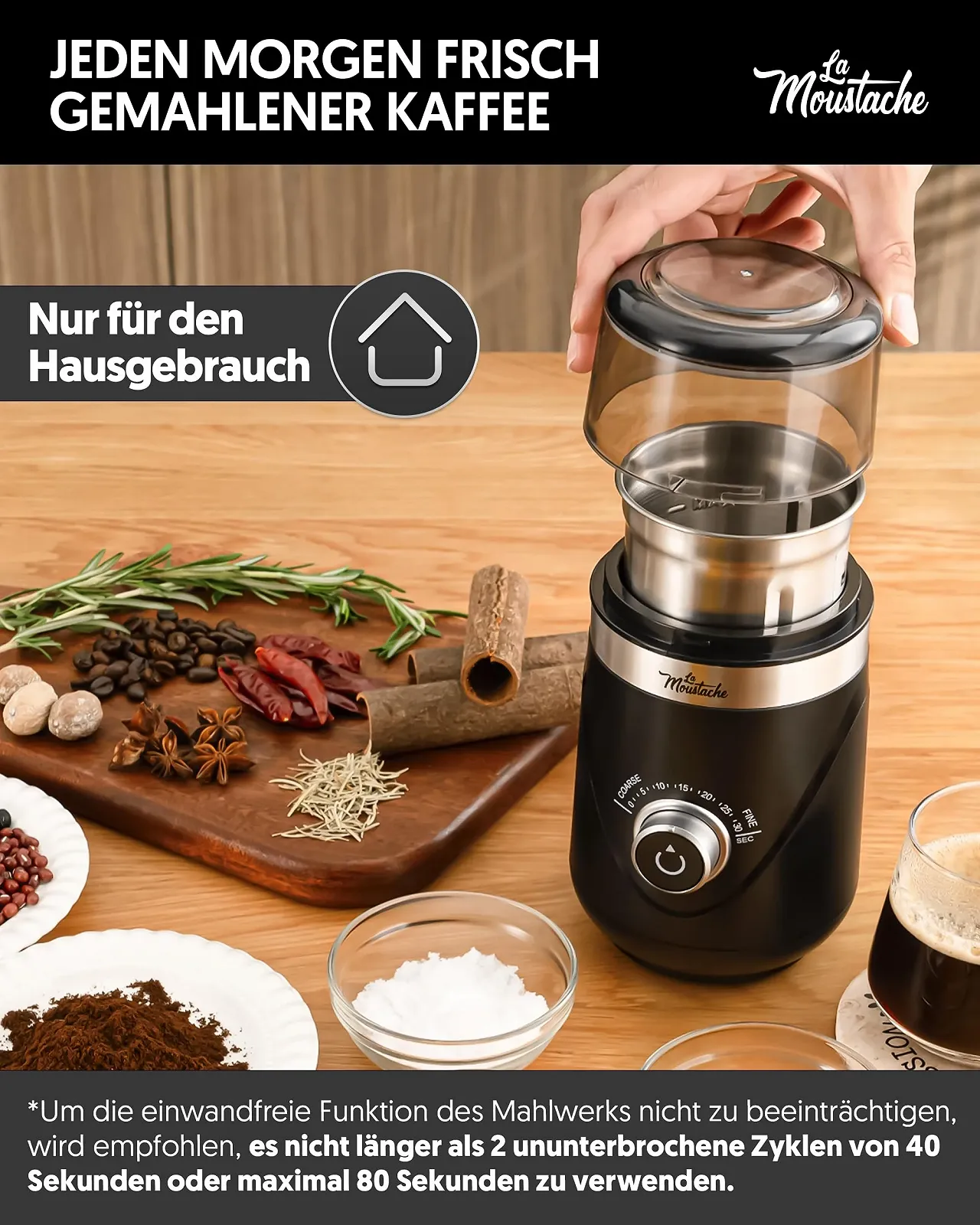 Электрическая кофемолка La Moustache GrindMini Black, 150 Вт, лезвия из нержавеющей стали, вместимость 80 г, регулируемый помол от 5 до 30 секунд, тихая 60 дБ, фото №6 Электрическая кофемолка La Moustache GrindMini Black, 150 Вт, лезвия из нержавеющей стали, вместимость 80 г, регулируемый помол от 5 до 30 секунд, тихая 60 дБ, фото №6