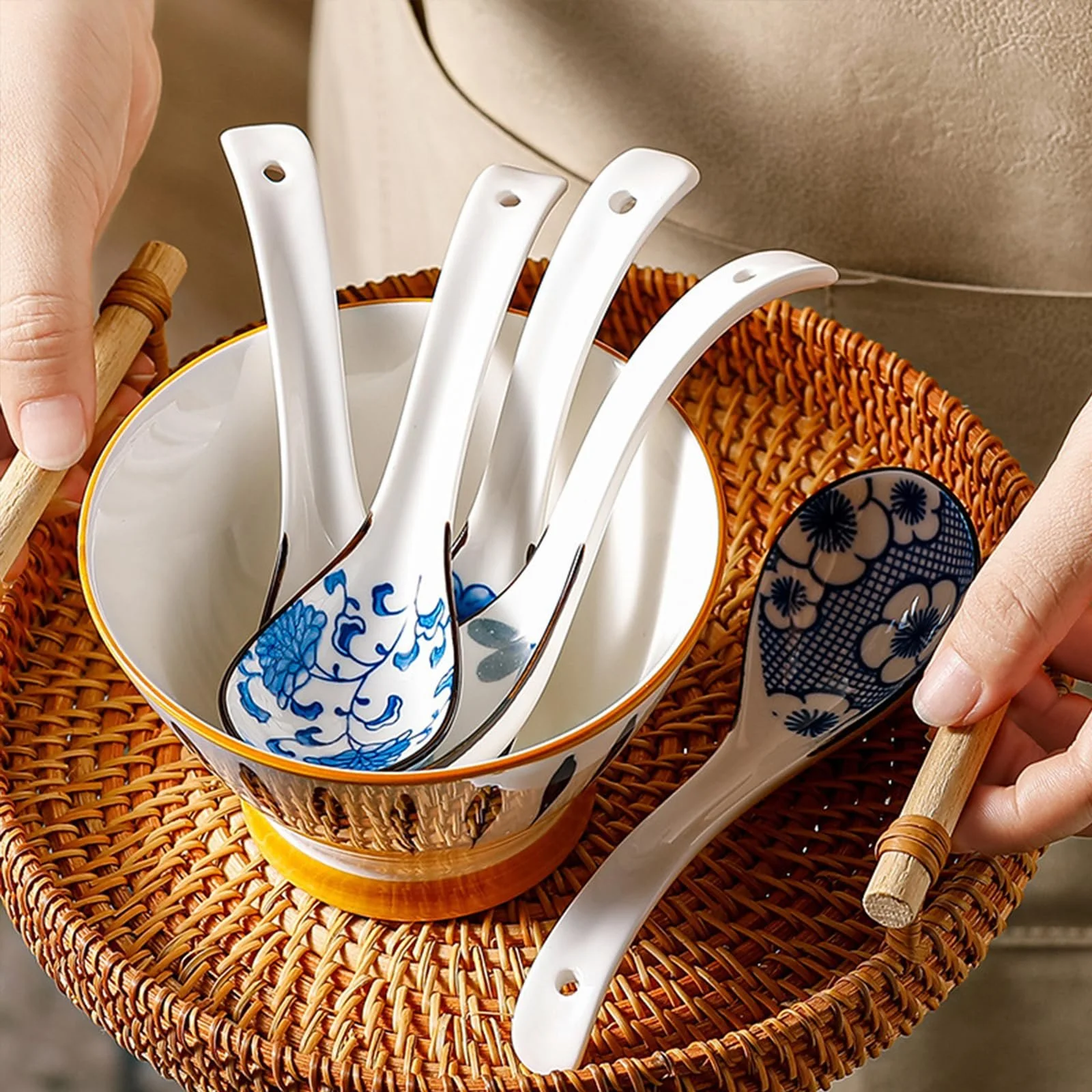 Ложка для рамена NoBrand Серия -Модель -Характеристики Керамическая ручка Цвет: Блакитно-белый, 6 шт, фото №5