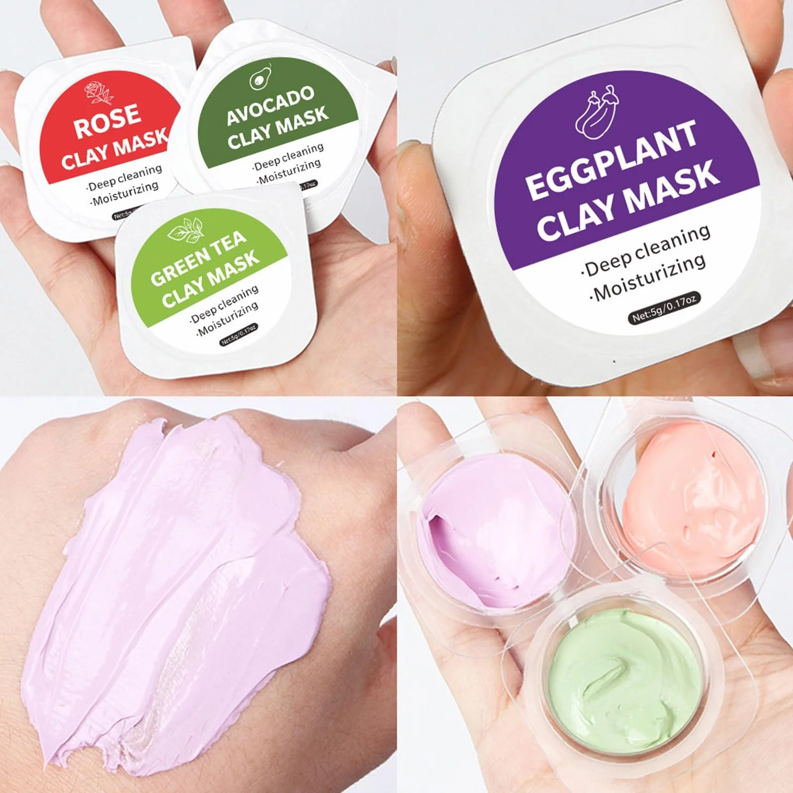 Маска Глиняна Soleneva Набір 10 шт Зелений Чай, Баклажан, Троянда, Грязь Мертвого Моря, Авокадо, фото №3