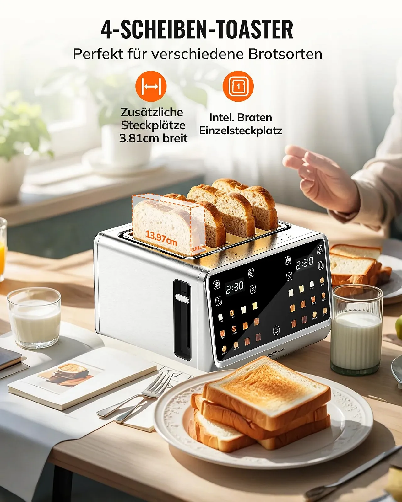 Тостер Keenstone 4 скибки Digital Intelligent з сенсорним екраном, подвійною панеллю керування, одинарна коробка, функція тостів, режим розігріву та розморожування, ідеально підходить для бубликів, хліба, вафель, фото №5 Тостер Keenstone 4 скибки Digital Intelligent з сенсорним екраном, подвійною панеллю керування, одинарна коробка, функція тостів, режим розігріву та розморожування, ідеально підходить для бубликів, хліба, вафель, фото №5