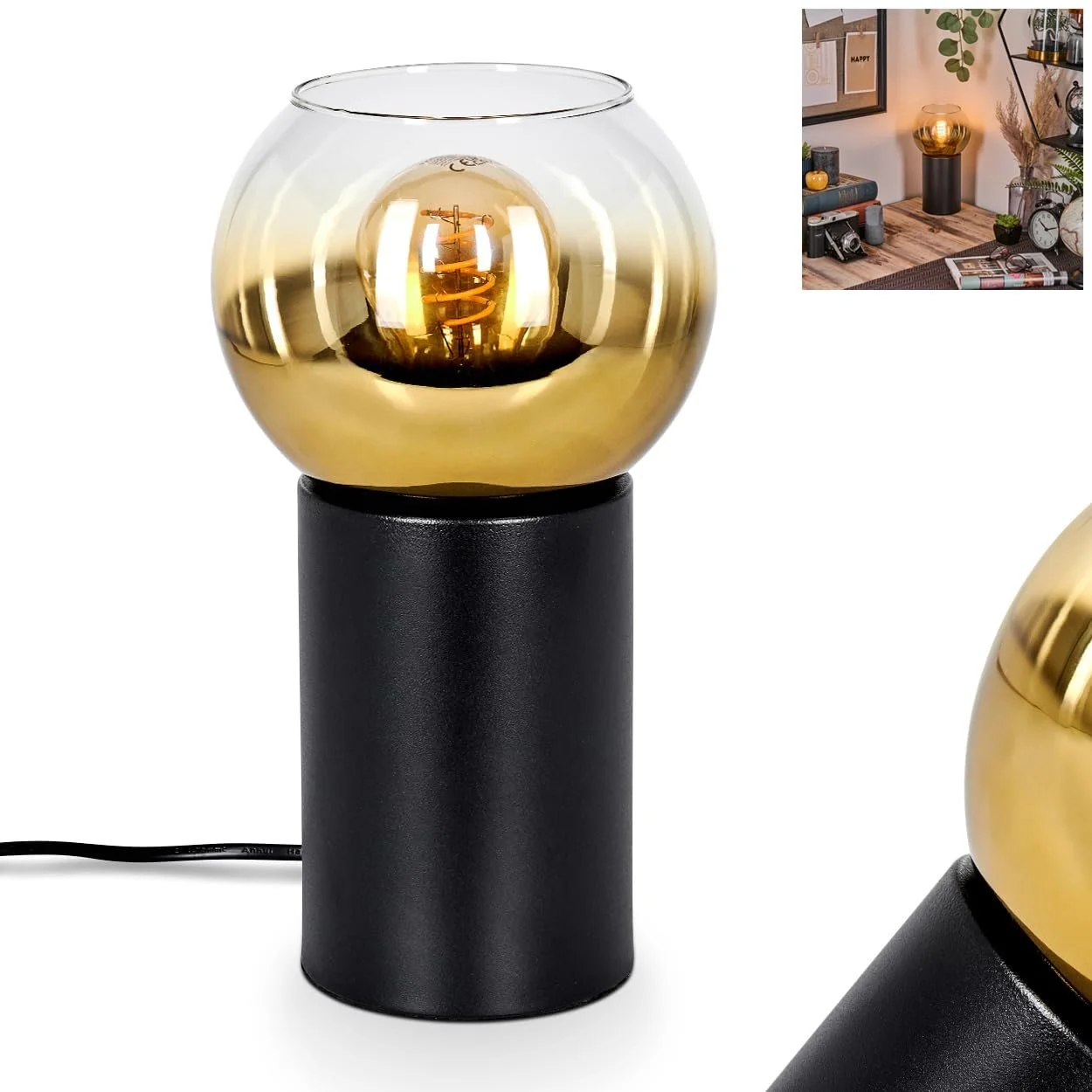Настільна лампа HOFSTEIN Koyoto Металева Скляна Ретро/Вінтаж Діаметр 15 см E27 Чорна/Золотиста, фото №1