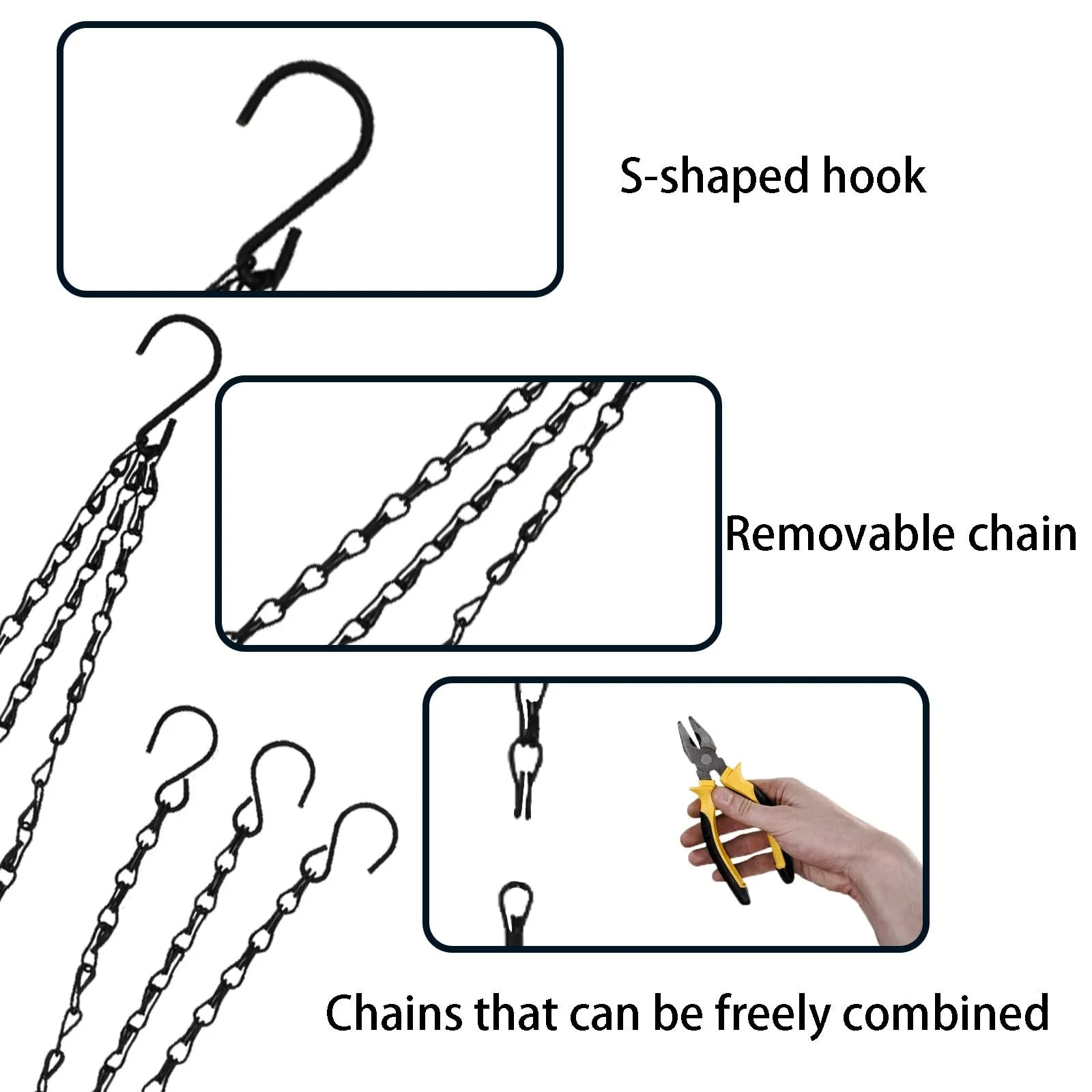 Набор цепочек для подвесных кашпо 6 шт. с S-образными крючками 3-точечный черный, фото №3