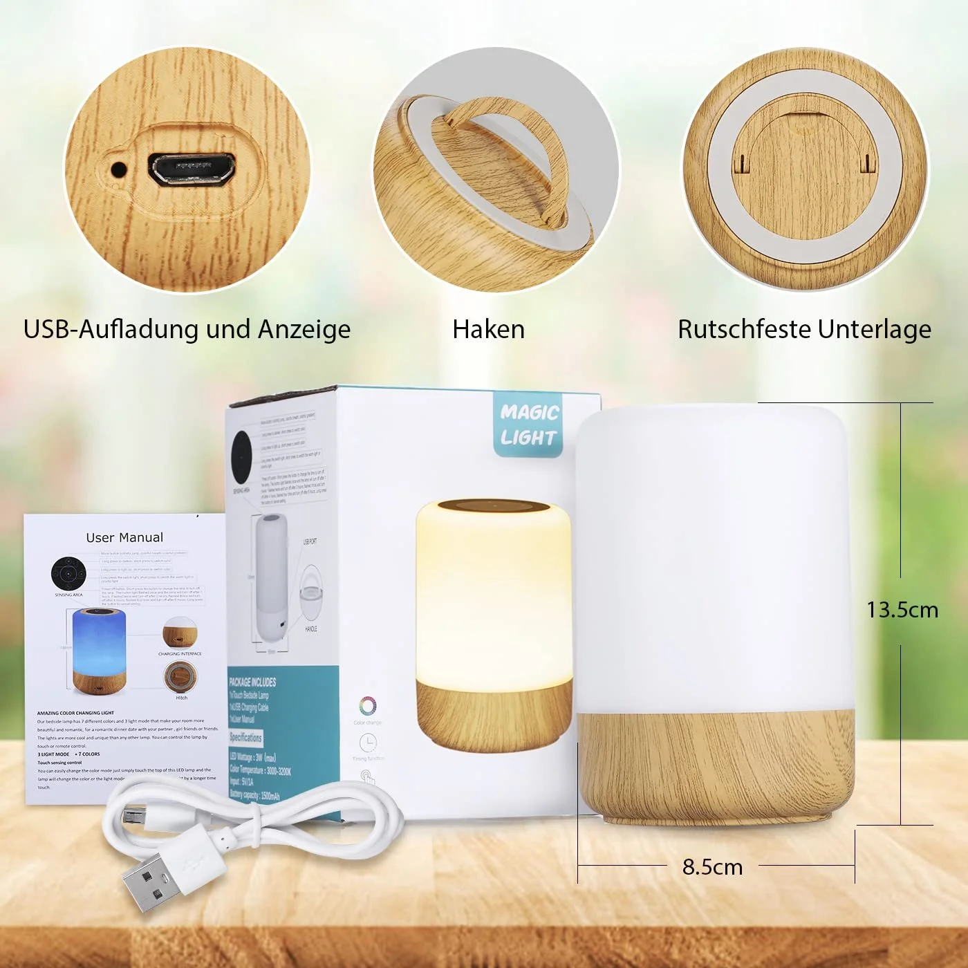 Настільна лампа LED Bedside Touch Sensitive Дерево USB, фото №8