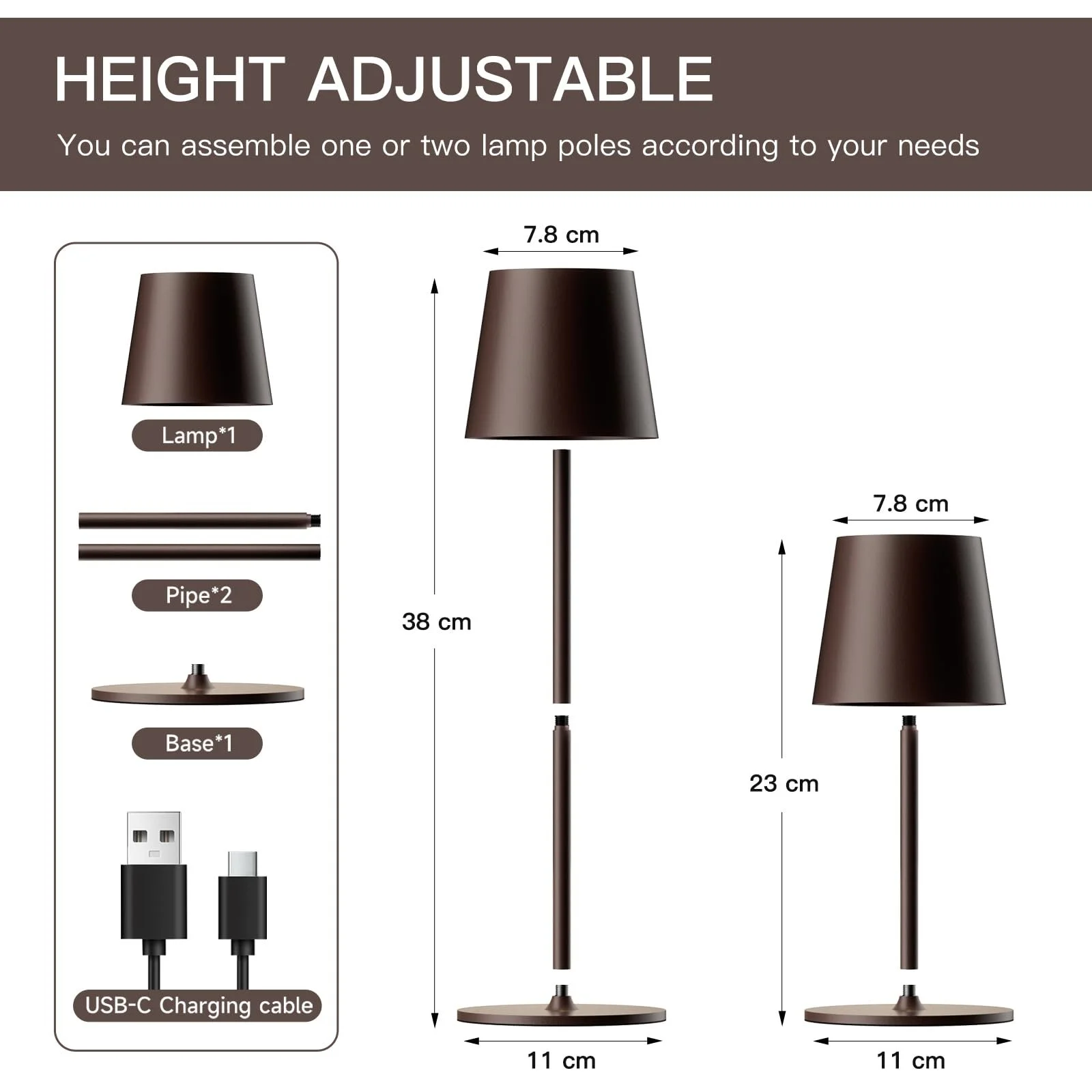 Настільні лампи Набір із 2 шт Сенсорні Димовані Бездротові LED Акумуляторні USB IP54 5200 mAh Темно-коричневий, фото №4