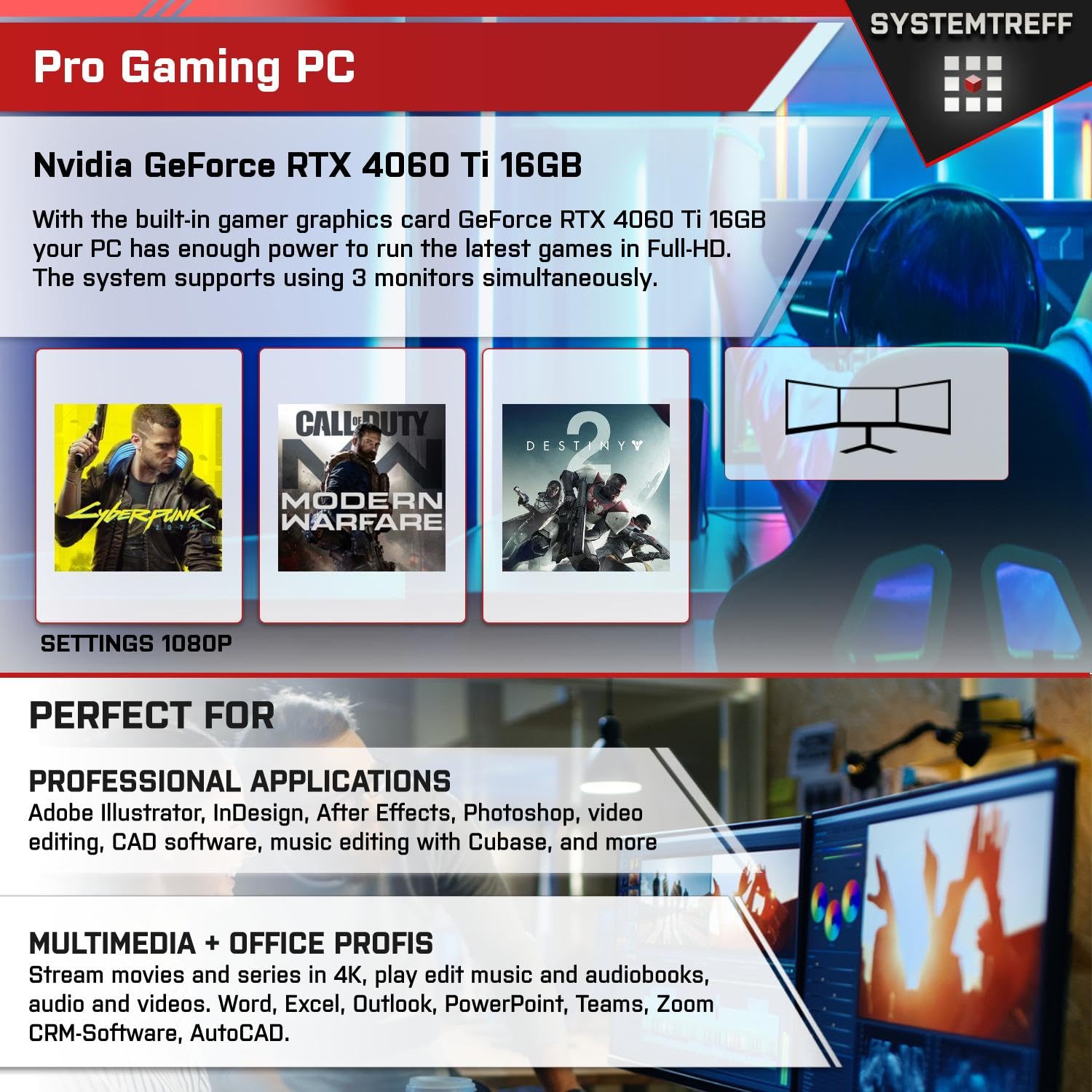 Комп'ютер SYSTEMTREFF Gaming PC AMD Ryzen 7 5700X3D 8x4.1GHz | Nvidia GeForce RTX 4060Ti 16GB DX12, фото №5 Комп'ютер SYSTEMTREFF Gaming PC AMD Ryzen 7 5700X3D 8x4.1GHz | Nvidia GeForce RTX 4060Ti 16GB DX12, фото №5