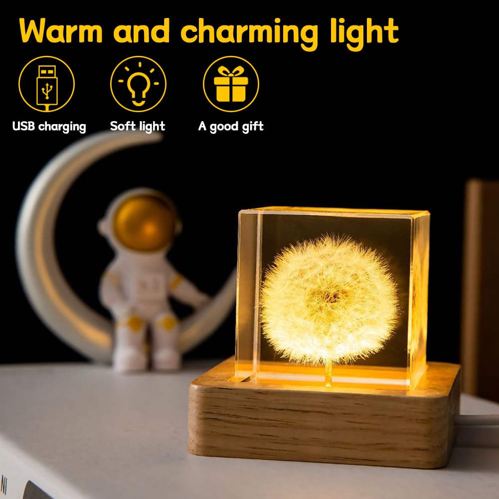 USB 3D Кришталева куля Дерев'яна основа Квіти Настільний декор Кульбаба LED лампа Дитячий нічник Подарунок на день народження Д, фото №3