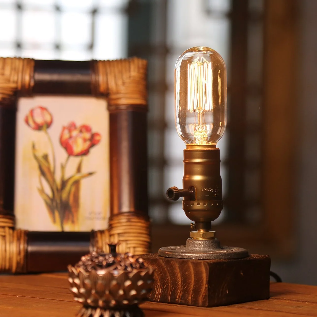 Настільна лампа дерев'яна вінтажна в індустріальному стилі E27 з димером Коричневий, фото №3