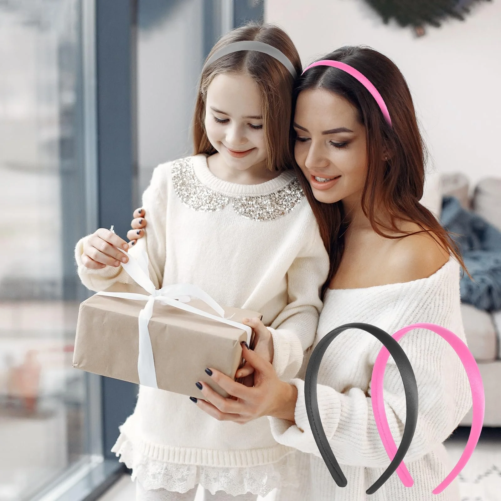 Обруч на голову атласна Pack of 2 Широка Однотонна Чорний + Рожевий, Ширина 1,5 см, фото №6