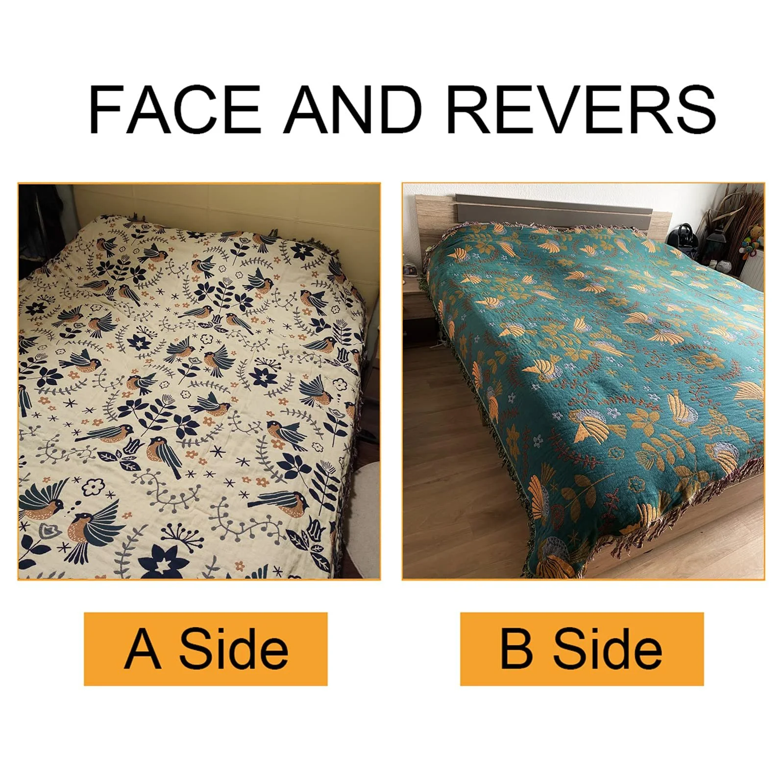 Тканый Плед HOORDRY Двусторонний Boho, Синий/Бежевый, 150 x 200 см, фото №3