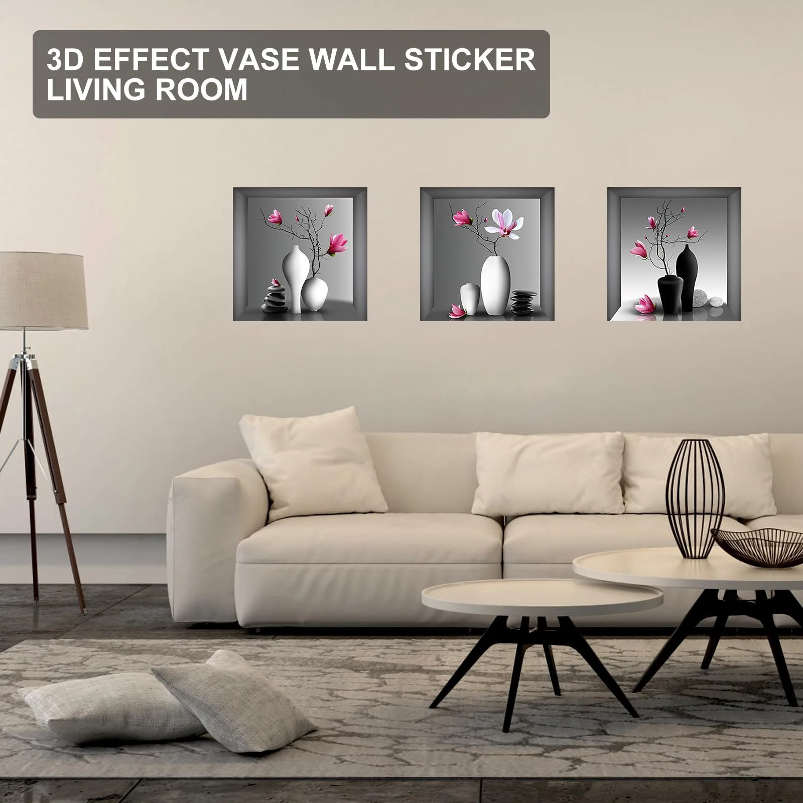 Наклейки на стіну UOCAI 3 штуки 3D Ваза з квітами 30 x 30 см, фото №2