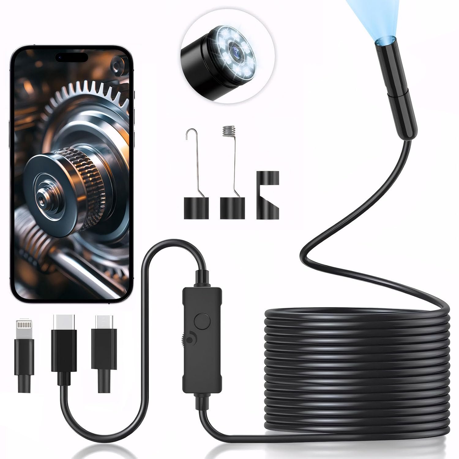 Эндоскоп iewrtcin 1920 HD, гибкий, жесткий, 8 LED, IP67, 5 м, фото №1