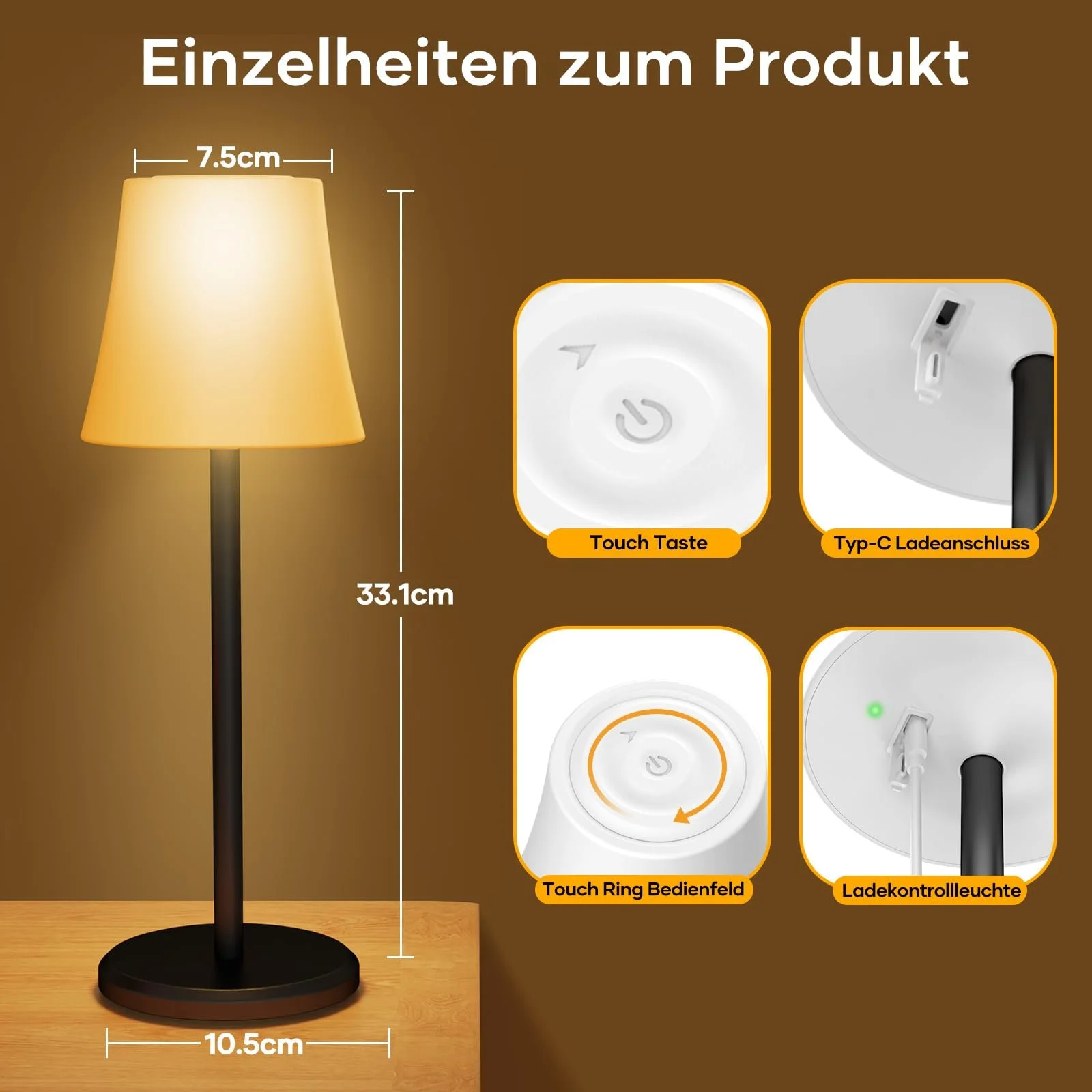 Настільна лампа Suright Wireless 3 колірні режими RGB комплект 2 шт. чорна, фото №7