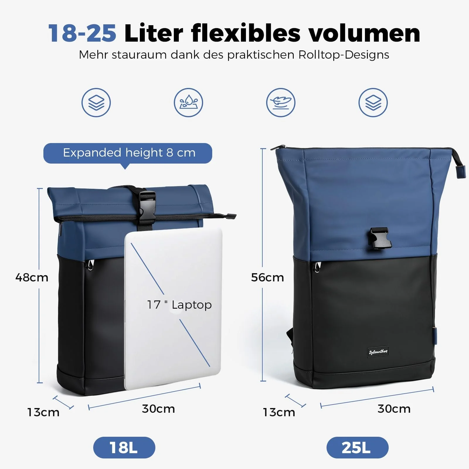 Рюкзак для ноутбука Waterproof Rolltop Anti-Theft Zip Expandable 18-25L Blue, фото №3 Рюкзак для ноутбука Waterproof Rolltop Anti-Theft Zip Expandable 18-25L Blue, фото №3