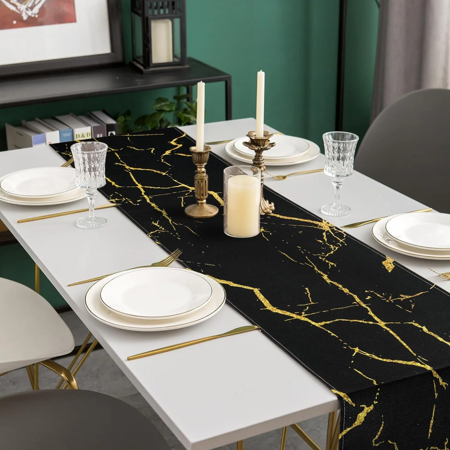 Ранер Modern Autumn Decorativo 40 x 140 см Black Marble Golden Texture Abstract Art Linen, фото №1