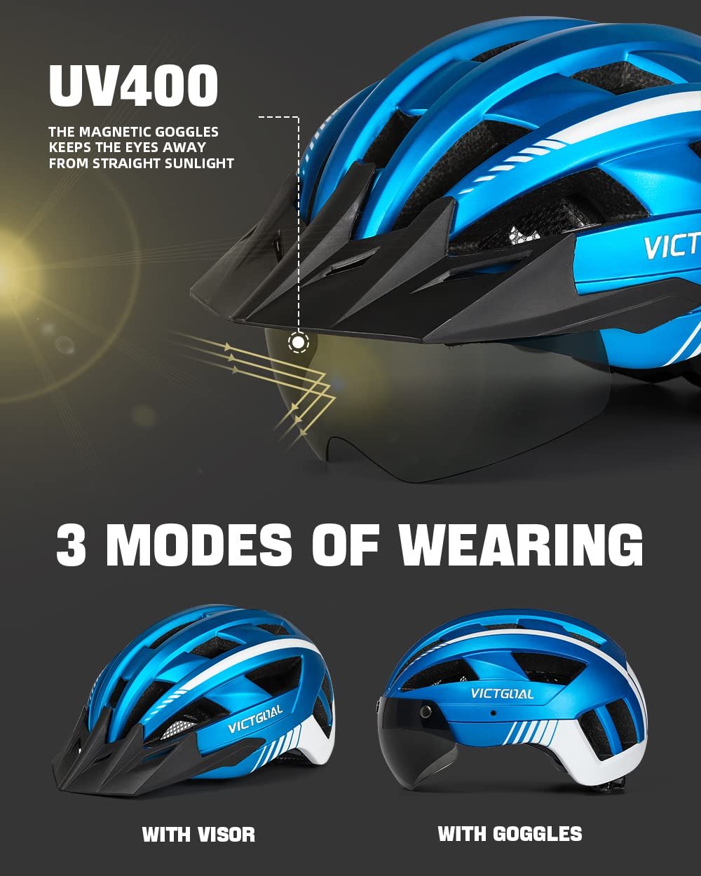 Шлем велосипедный Victgoal MTB со съемными магнитными очками и козырьком, 21 вентиляционный канал, фото №2