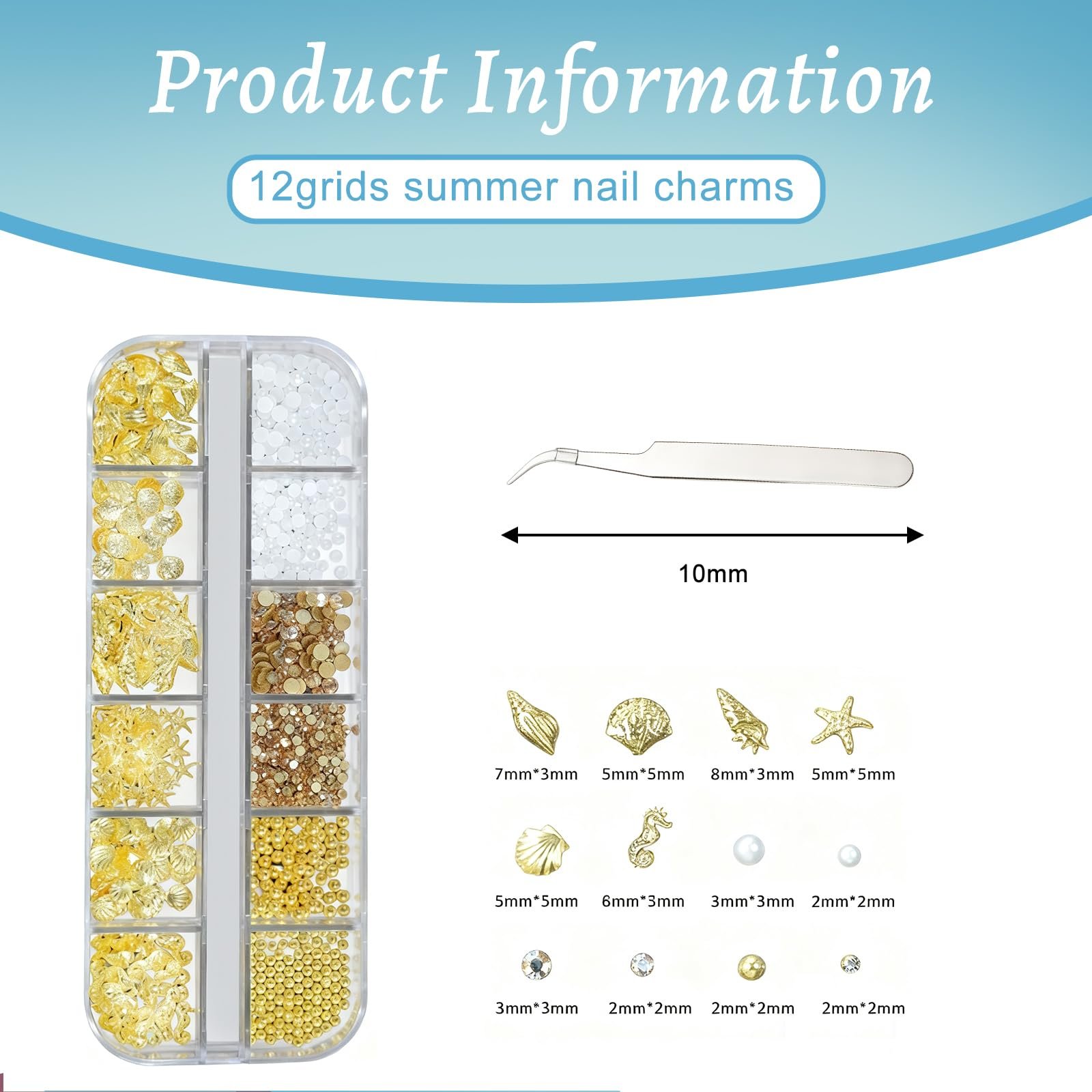 Украшения для ногтей Золотые, Аксессуары для ногтей, 12 отделений, Включает пинцет, фото №2