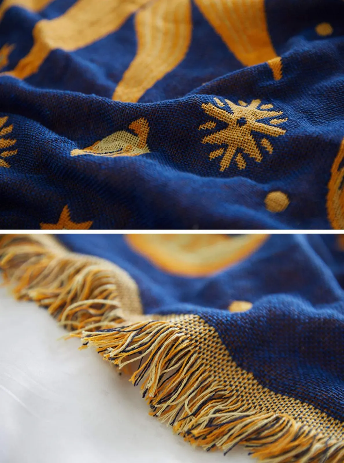 Тканый коврик MayNest Солнце, Луна и Звезды Hippie Двусторонний Хлопок Домашний декор для кровати Кресло Кушетка Палуба Кресло Большого размера Кисточки Сине-желтый (91,4 см x 71,1 см), фото №7