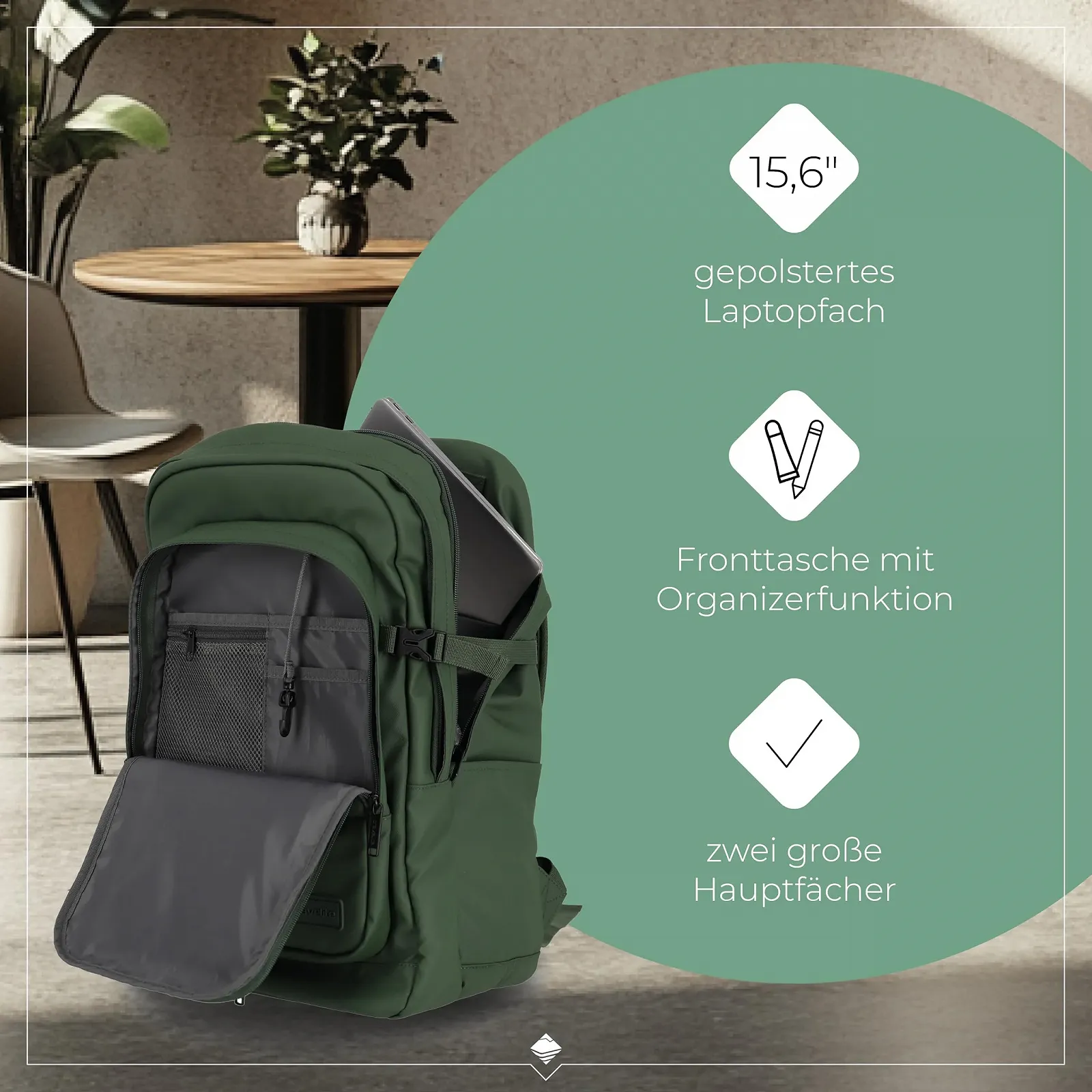 Рюкзак Travelite Basics 15.6 дюймів 28 л Оливковий, фото №5