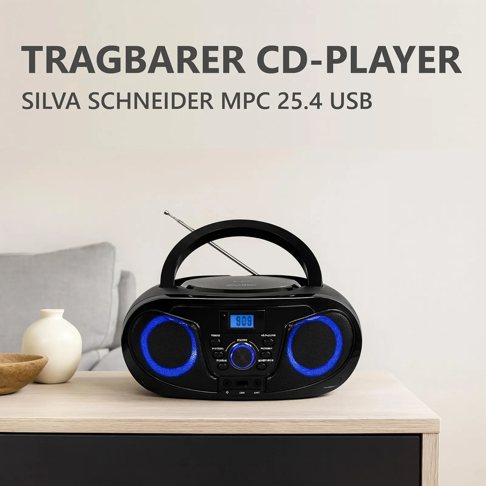 Магнитола CD-проигрыватель Silva Schneider MPC 25.4 USB с FM-радио, USB для MP3, AUX и разъемом для наушников, ЖК-дисплей, 40 Вт p.m.p.o., питание от сети/батареи Черный, фото №5