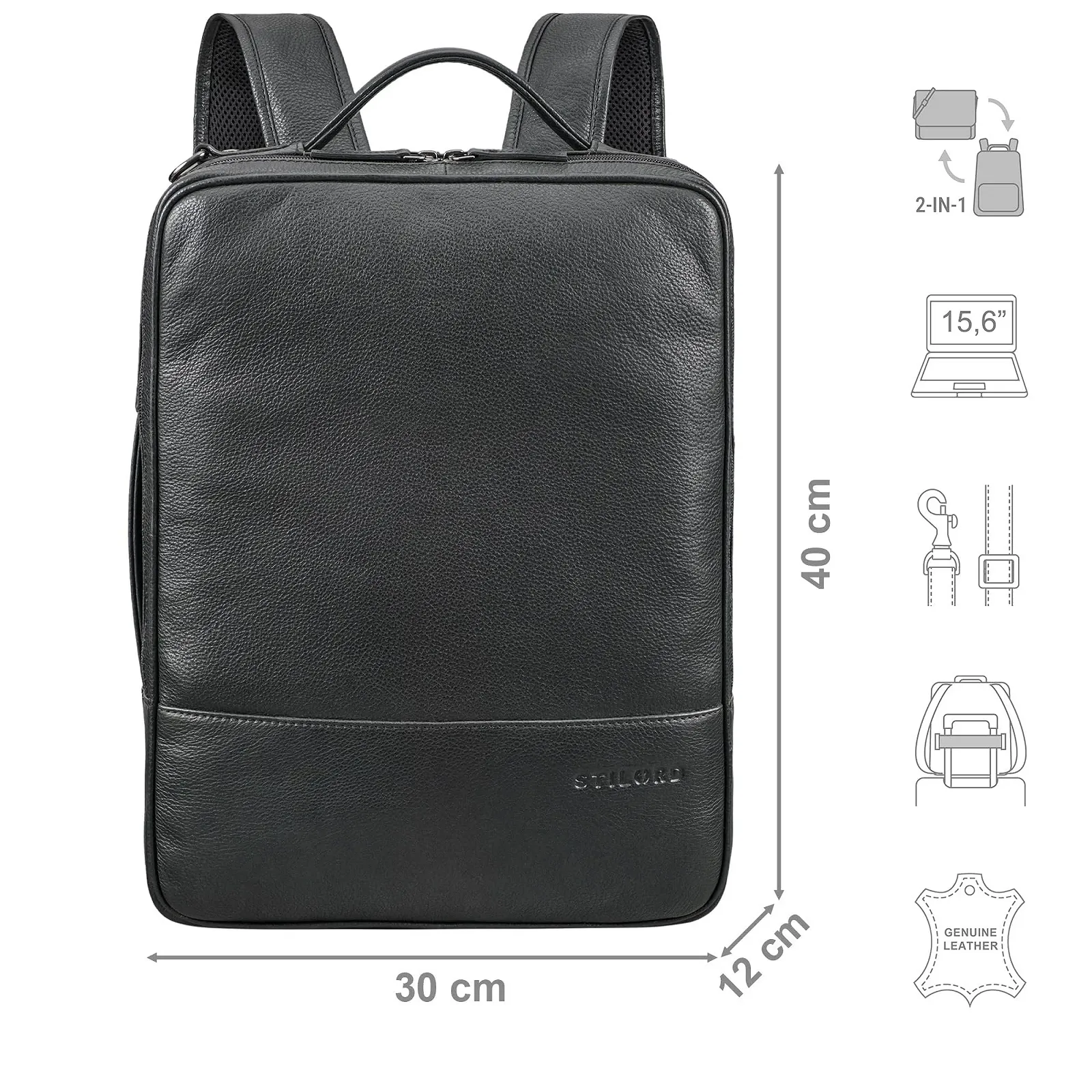 Рюкзак STILORD Dash 2-in-1 Leather XL 15-16 Inch Obsidian Black, фото №2 Рюкзак STILORD Dash 2-in-1 Leather XL 15-16 Inch Obsidian Black, фото №2