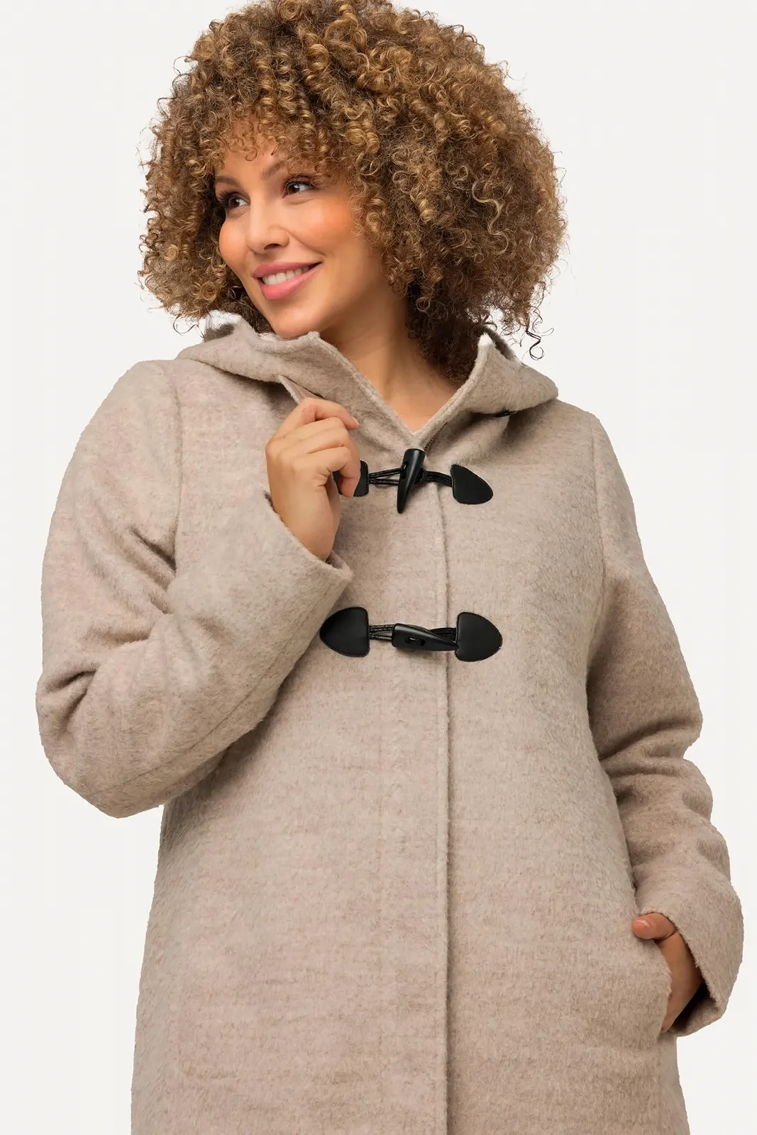 Дафлкот Ulla Popken A-силуету, Суміш Вовни, Капюшон, Ґудзики-Клеванти, Довгий Рукав 825502, фото №4