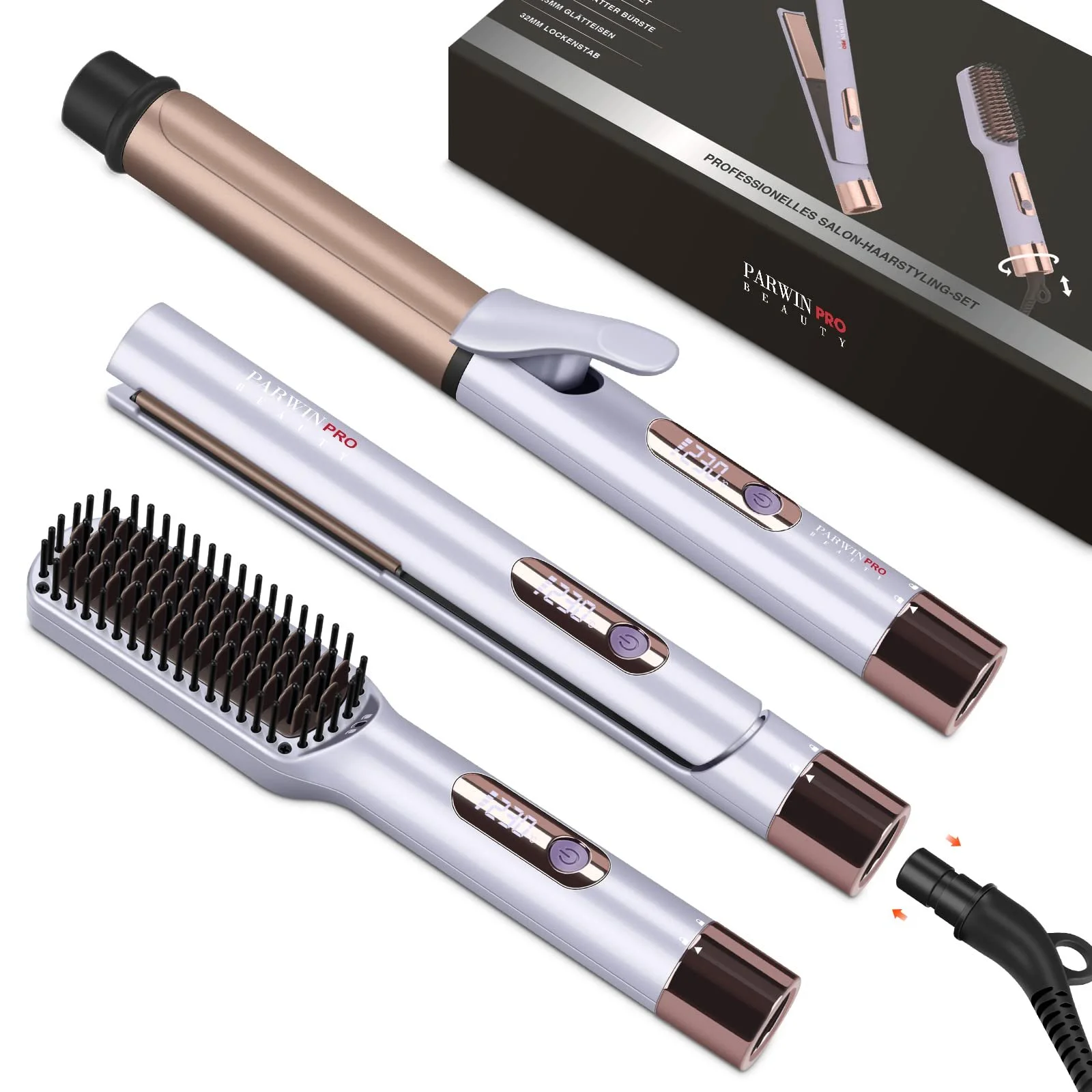 Набор для стайлинга 3-в-1 PARWIN PRO BEAUTY утюжок 25 мм, плойка 32 мм, щетка для выпрямления, съемный шнур питания, LED дисплей, мгновенный нагрев, фото №1 Набор для стайлинга 3-в-1 PARWIN PRO BEAUTY утюжок 25 мм, плойка 32 мм, щетка для выпрямления, съемный шнур питания, LED дисплей, мгновенный нагрев, фото №1