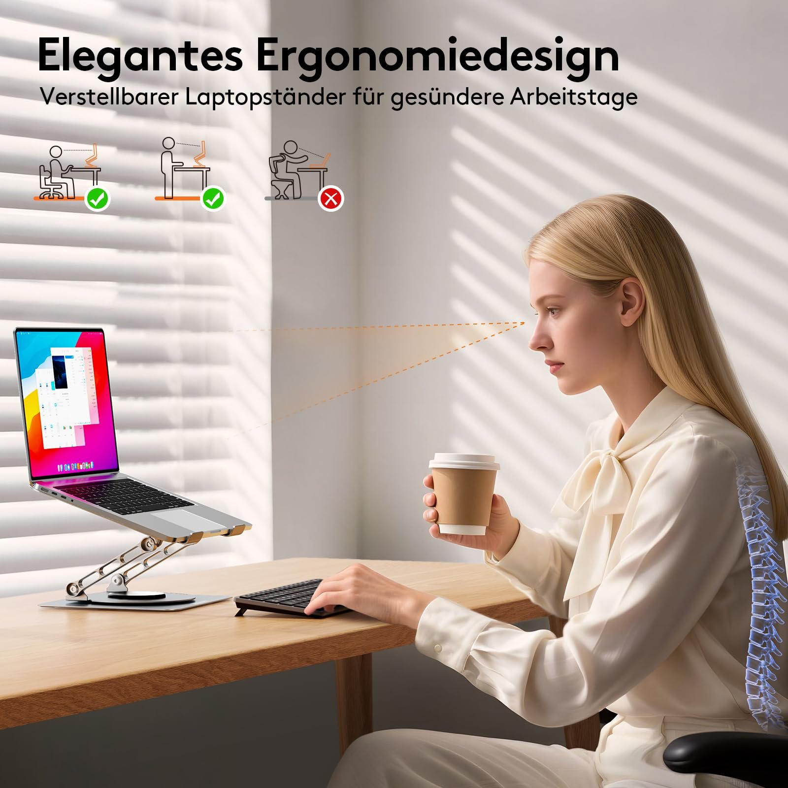 Підставка для ноутбука TECKNET 360 Регульована по висоті металева з подвійною підтримкою, ергономічна для столу, сумісна з MacBook Air/Pro, Dell до 17,3 дюймів, Сріблястий, фото №5