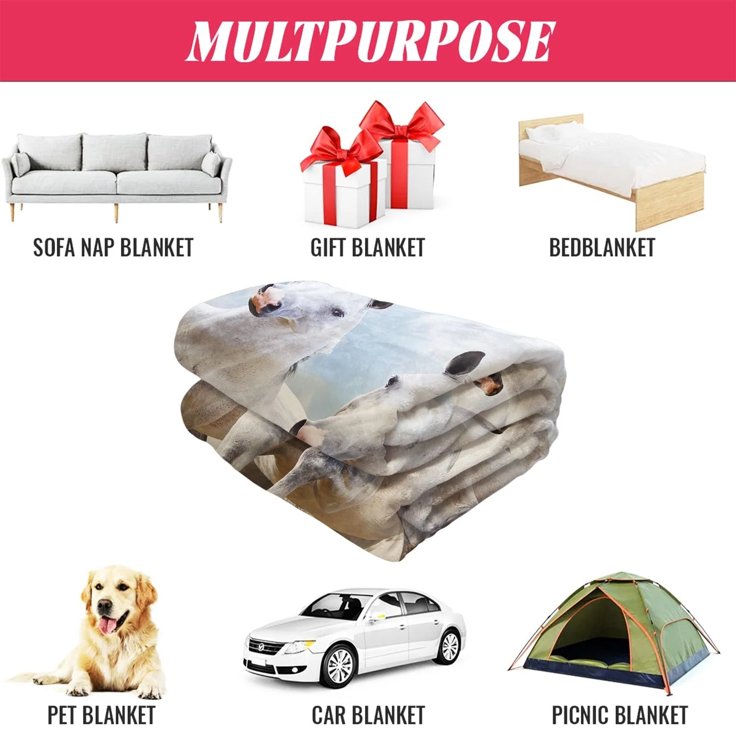 Одеяло YISUMEI Фланель Мягкое Белая Лошадь, Бегущая, 150 x 200 см, фото №4