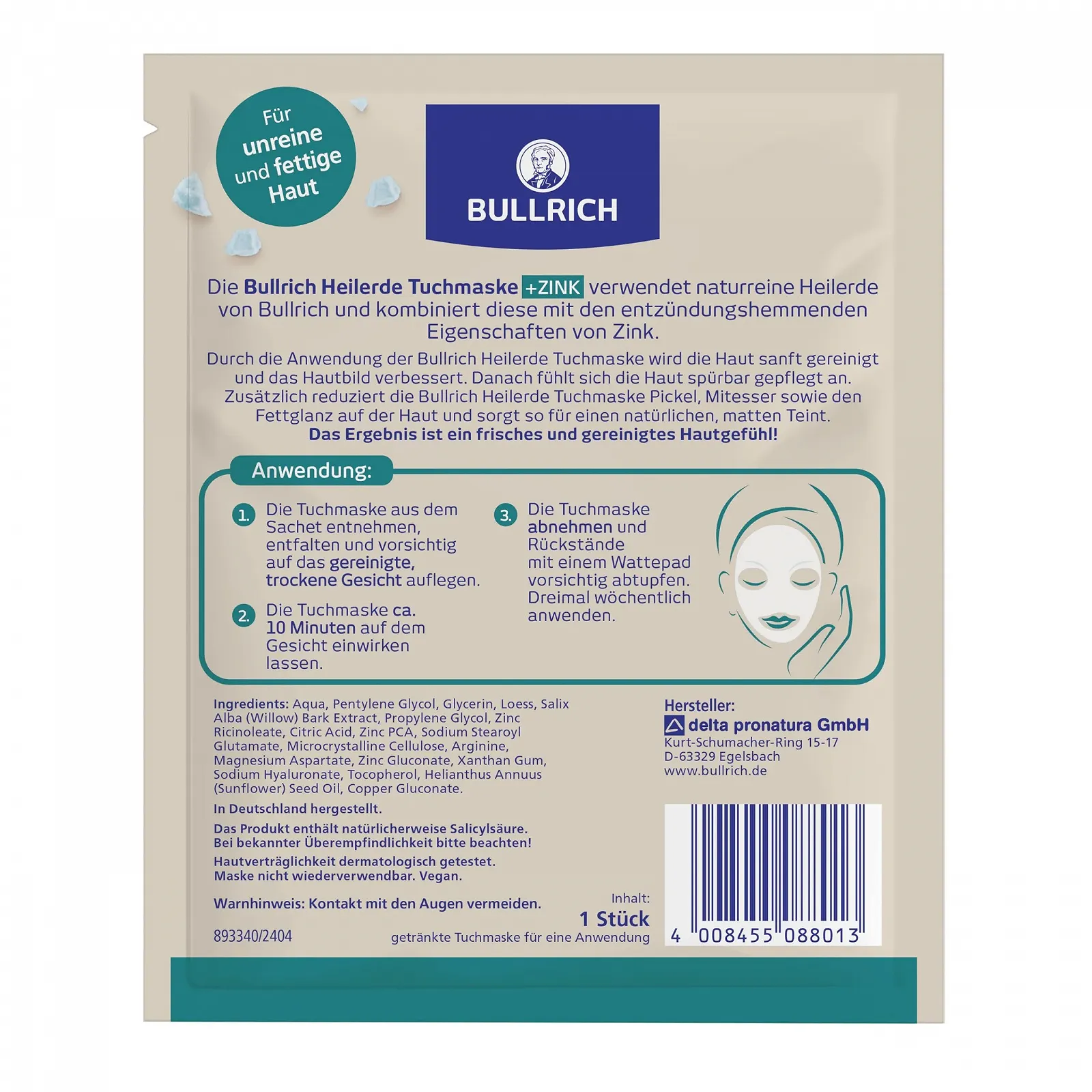 Тканинна маска для обличчя Bullrich Healing Earth + Zinc | Зменшує прищі та чорні цятки | Веганська | 1 шт, фото №2