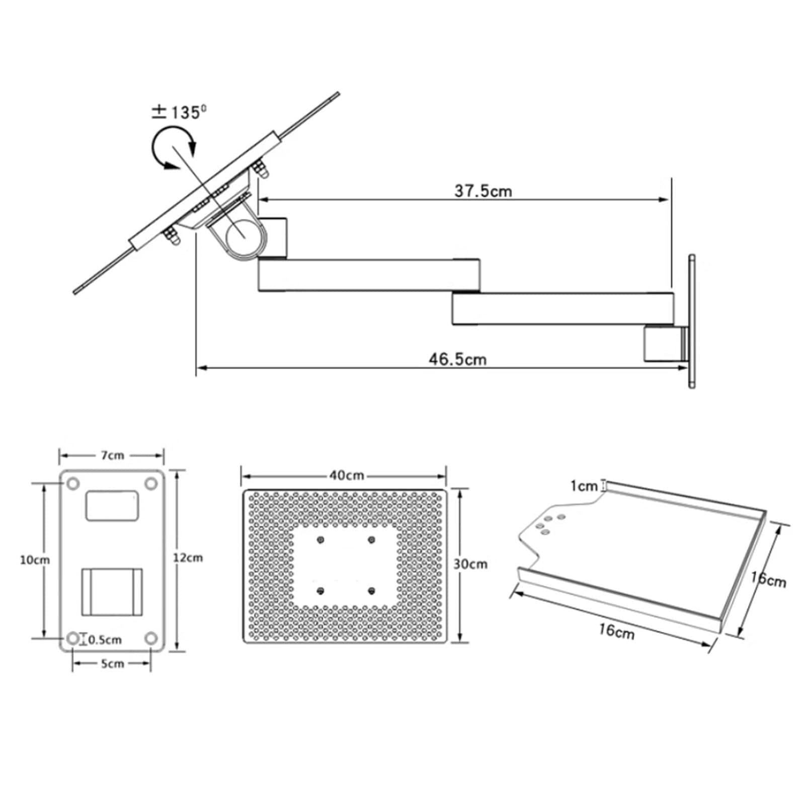 Настінне кріплення для ноутбука, регульований тримач з підставкою для миші, алюмінієвий сплав, вантажопідйомність 8 кг, фото №5