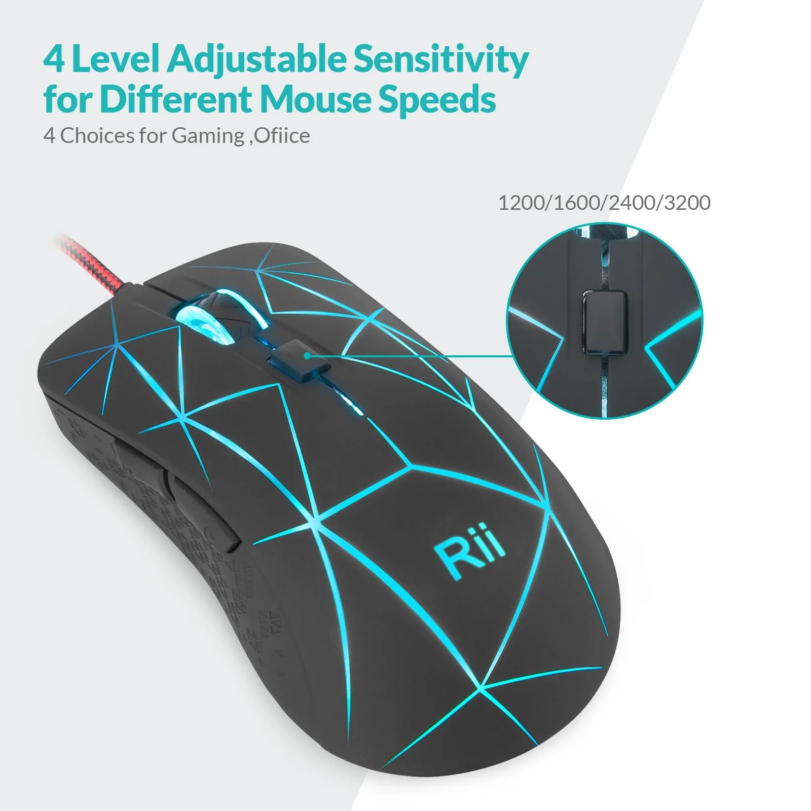 Мышь игровая Rii оптическая, 6 кнопок, 1200/1600/2400/3200 DPI, RGB, узор Burst, USB кабель 150 см, черная, фото №3