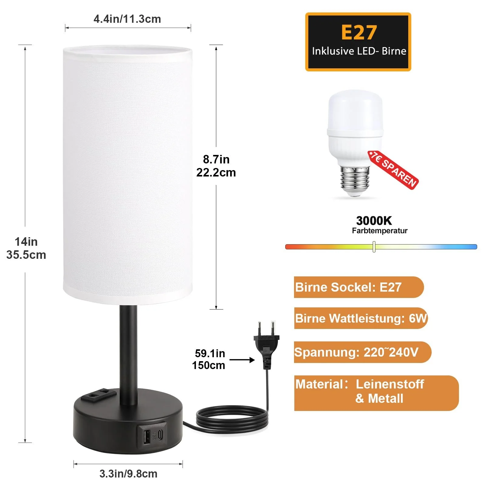 Настільна лампа Kakanuo Сенсорна USB A+C Розетка Лляний абажур, фото №6