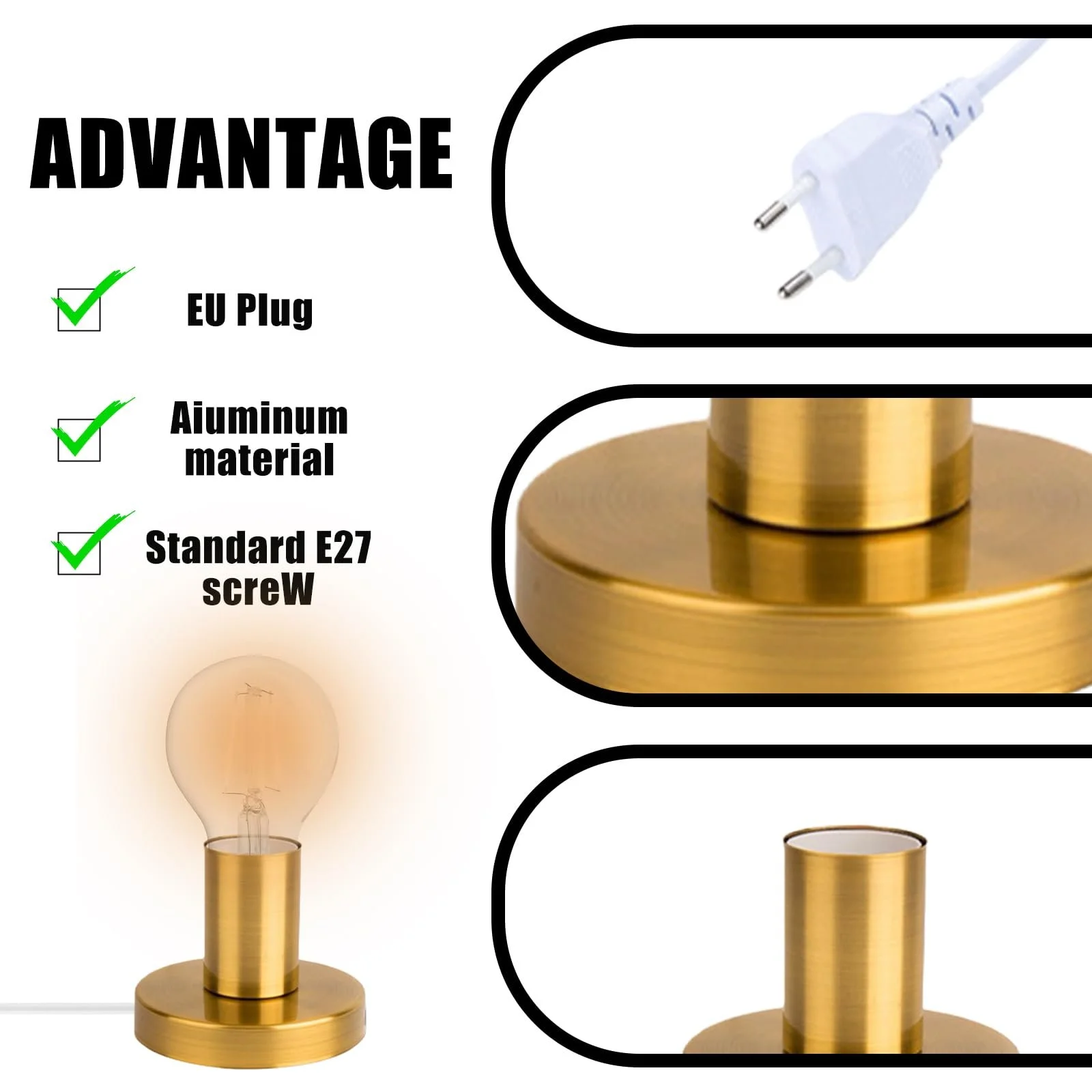 Основа для настільної лампи Vintage E27 кабель 1.8 м з вимикачем макс. 100 Вт Gold, фото №5