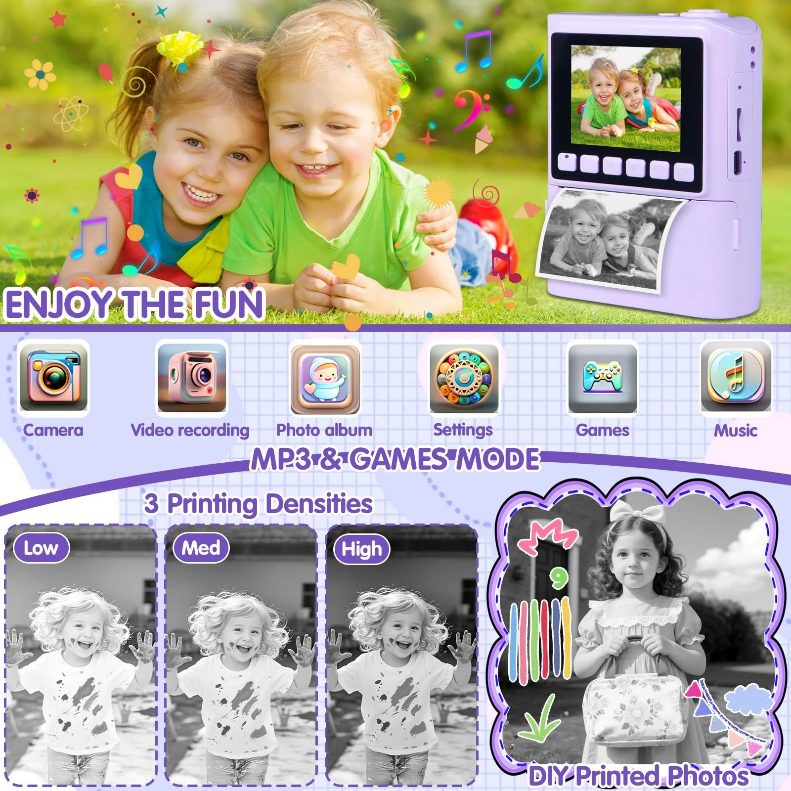 Детская фотокамера мгновенной печати 1080P HD 2.4 дюйма Screen 32GB 6 рулонов бумаги для печати, фото №6
