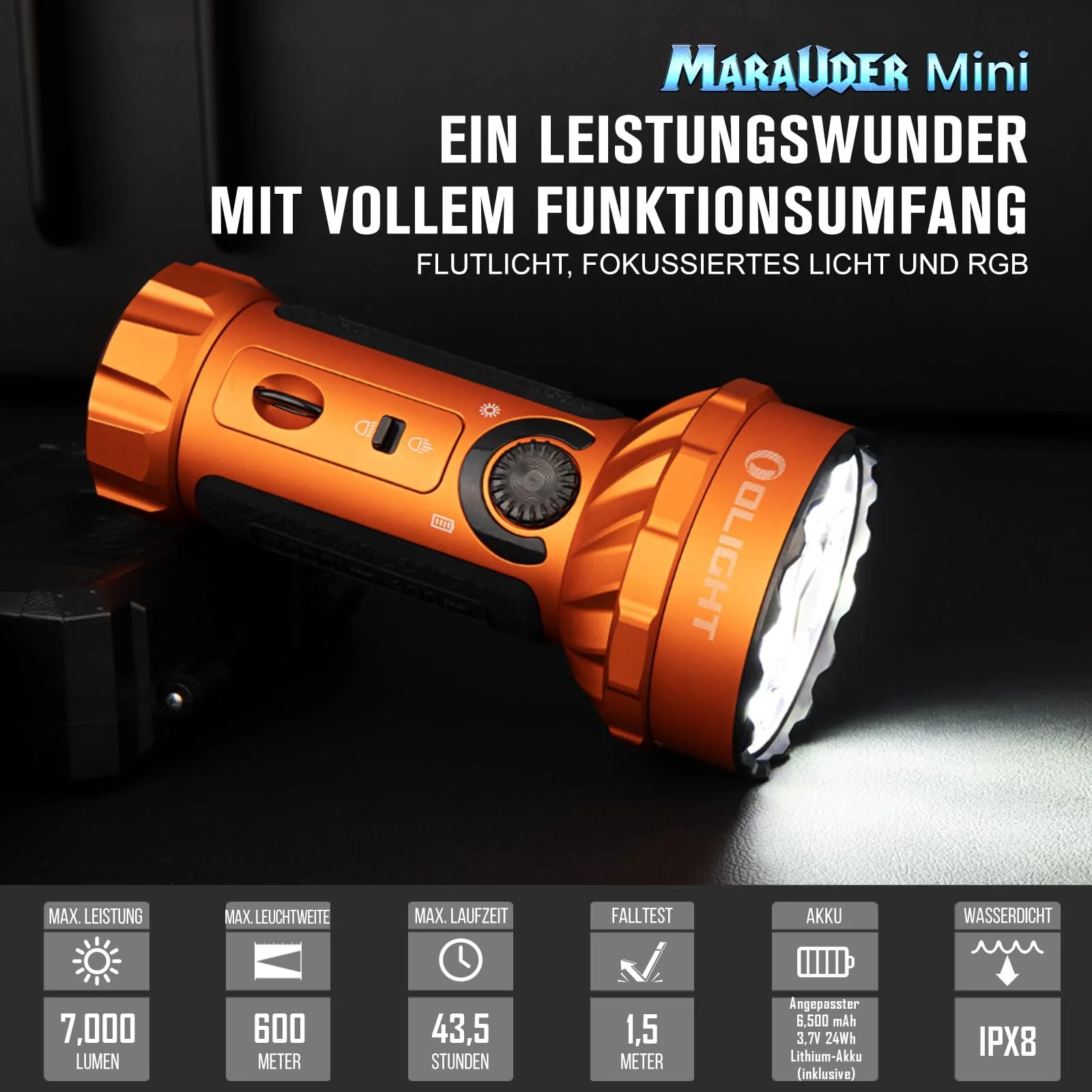 Ліхтар OLIGHT Marauder Mini LED Super Bright 7000 люмен 600 метрів Перезаряджуваний з точковим та розсіяним світлом, фото №2
