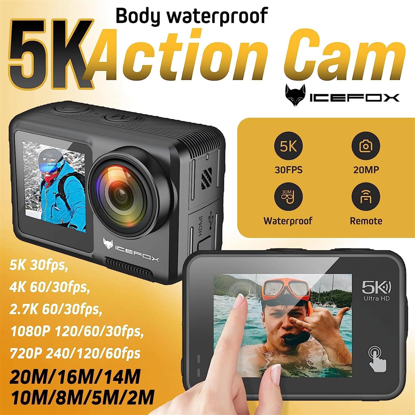 Екшн-камера Icefox 5K 30FPS 20MP з сенсорним екраном, регульованим кутом огляду, 4-кратним зумом, водонепроникністю до 30 м, пультом дистанційного керування, зовнішнім мікрофоном та комплектом аксесуарів, фото №2