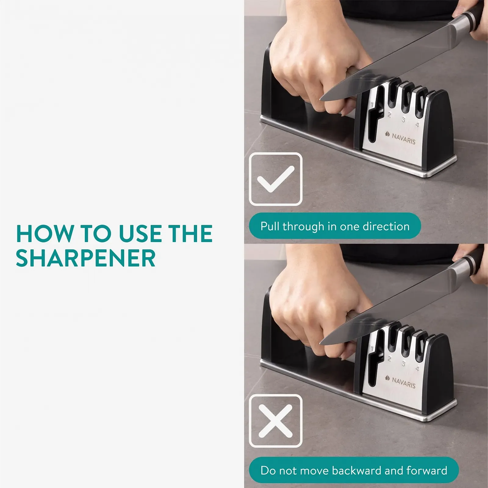 Точилка для ножів та ножиць Navaris Professional 3-ступінчаста нержавіюча сталь, фото №8 Точилка для ножів та ножиць Navaris Professional 3-ступінчаста нержавіюча сталь, фото №8