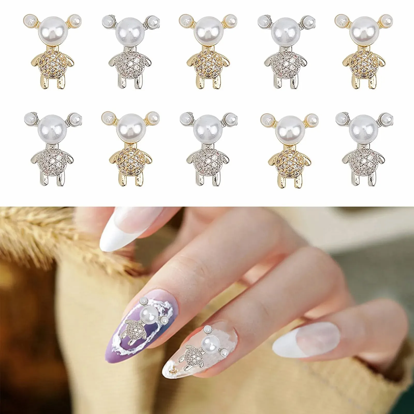 3D Кристал NICENEEDED Ведмедик Перлинні Стрази Золотий та Срібний, 10 шт, фото №1