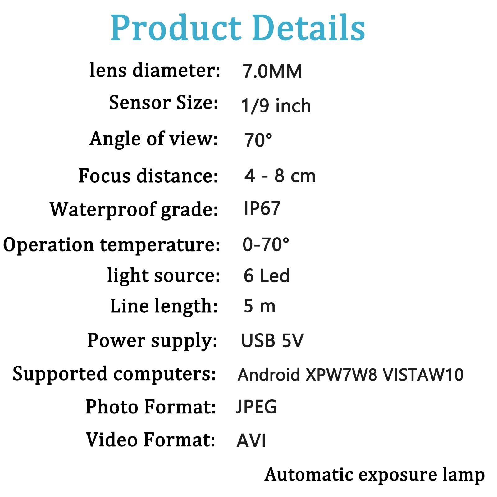 Эндоскоп 3 в 1 Type C USB Эндоскоп с 6 LED подсветкой, 7мм IP67 водонепроницаемая камера для труб для Android планшетов Samsung (5 м), фото №7