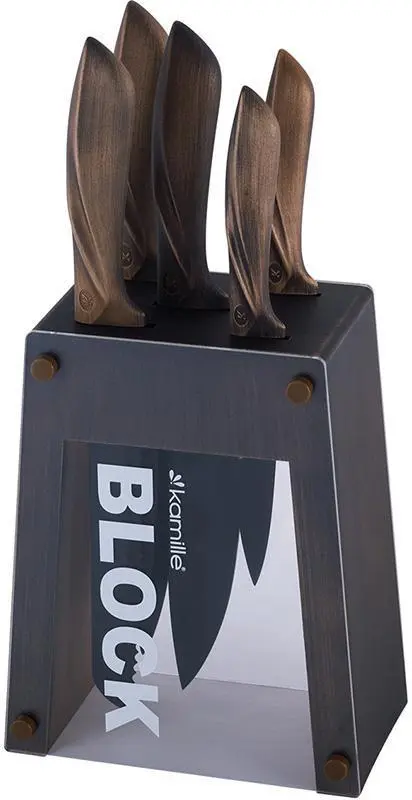 Набор кухонных ножей Kamille Oryen Brown 5 на подставке Block, фото №1
