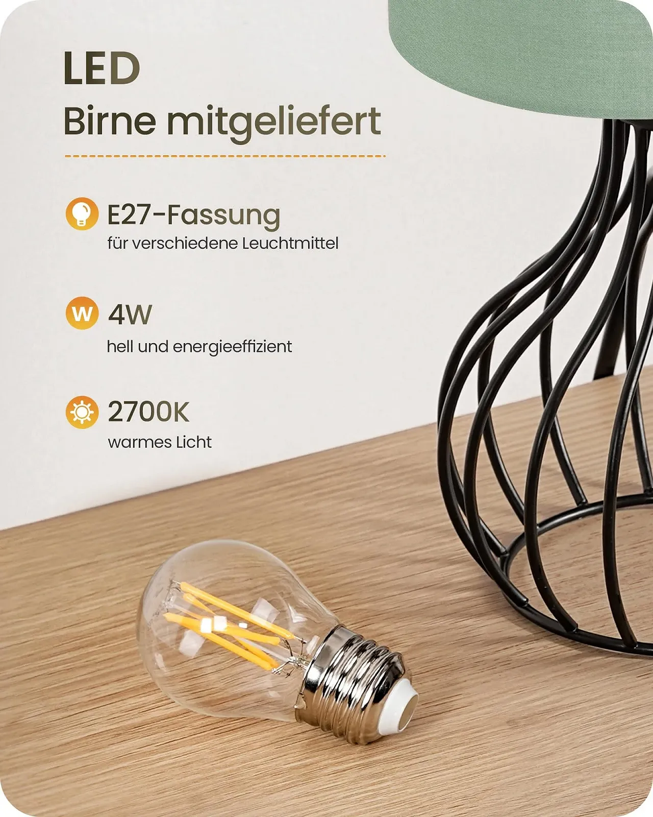 Настільна лампа ZJ10TLD05 лофт E27 з кабелем та LED лампою зелений чорний, фото №2