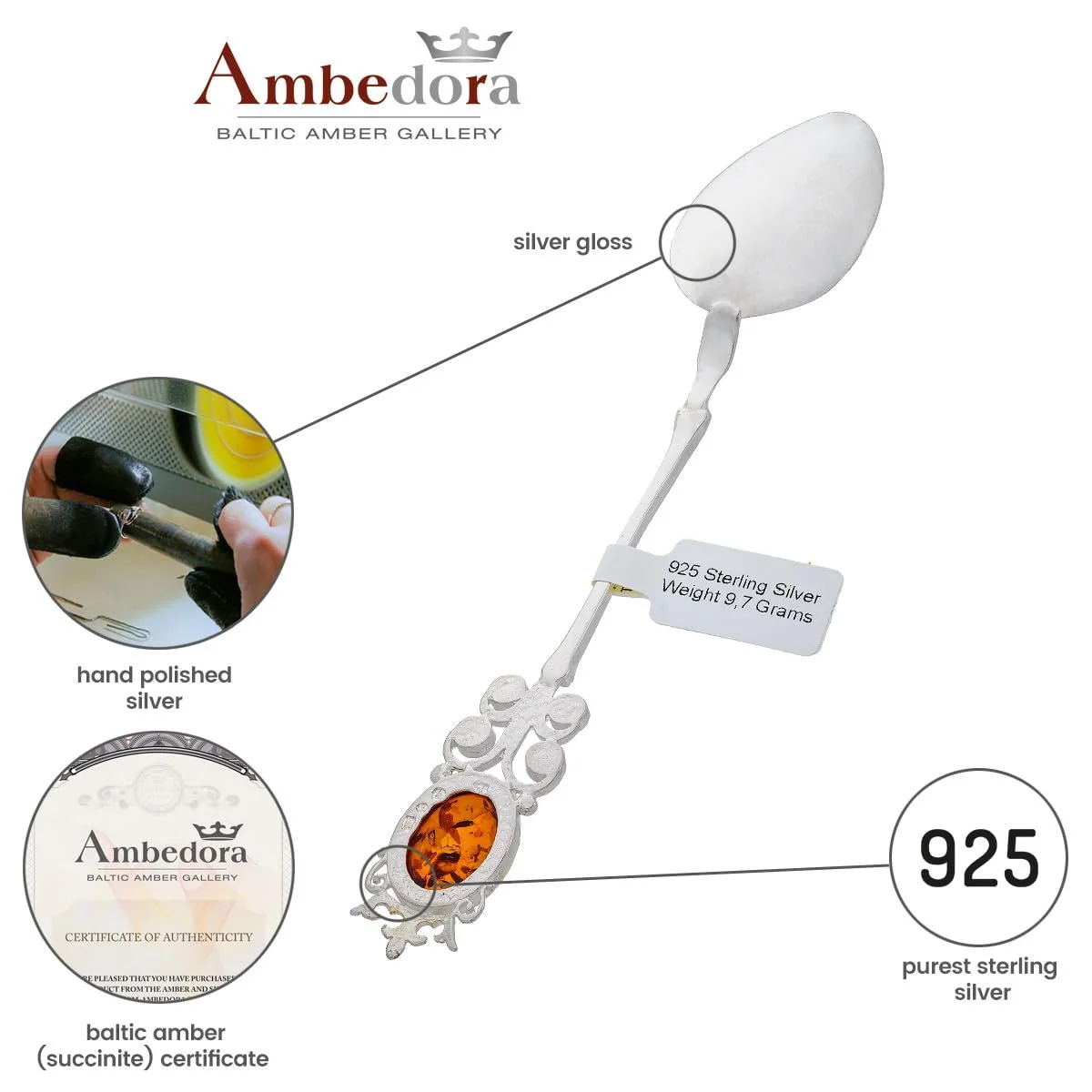 Срібна ложка Windsor з бурштином Стерлінгове срібло Блискучий, фото №5