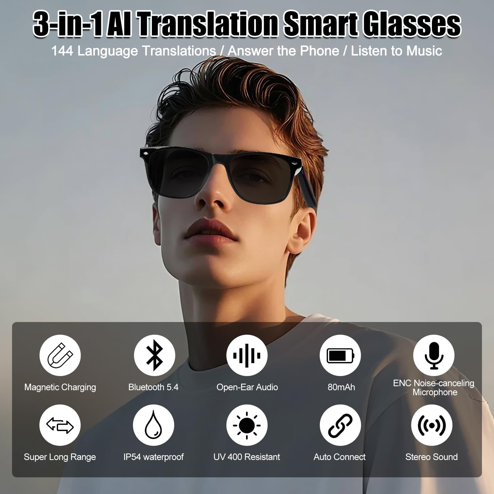 Розумні окуляри-перекладач AI, двомовний переклад у реальному часі, голосовий, фото №2 Розумні окуляри-перекладач AI, двомовний переклад у реальному часі, голосовий, фото №2