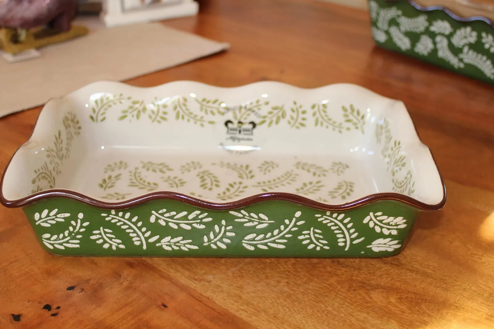 Форма для запекания керамическая большая 26 x 34 см ручная роспись зеленая/бежевая, фото №3