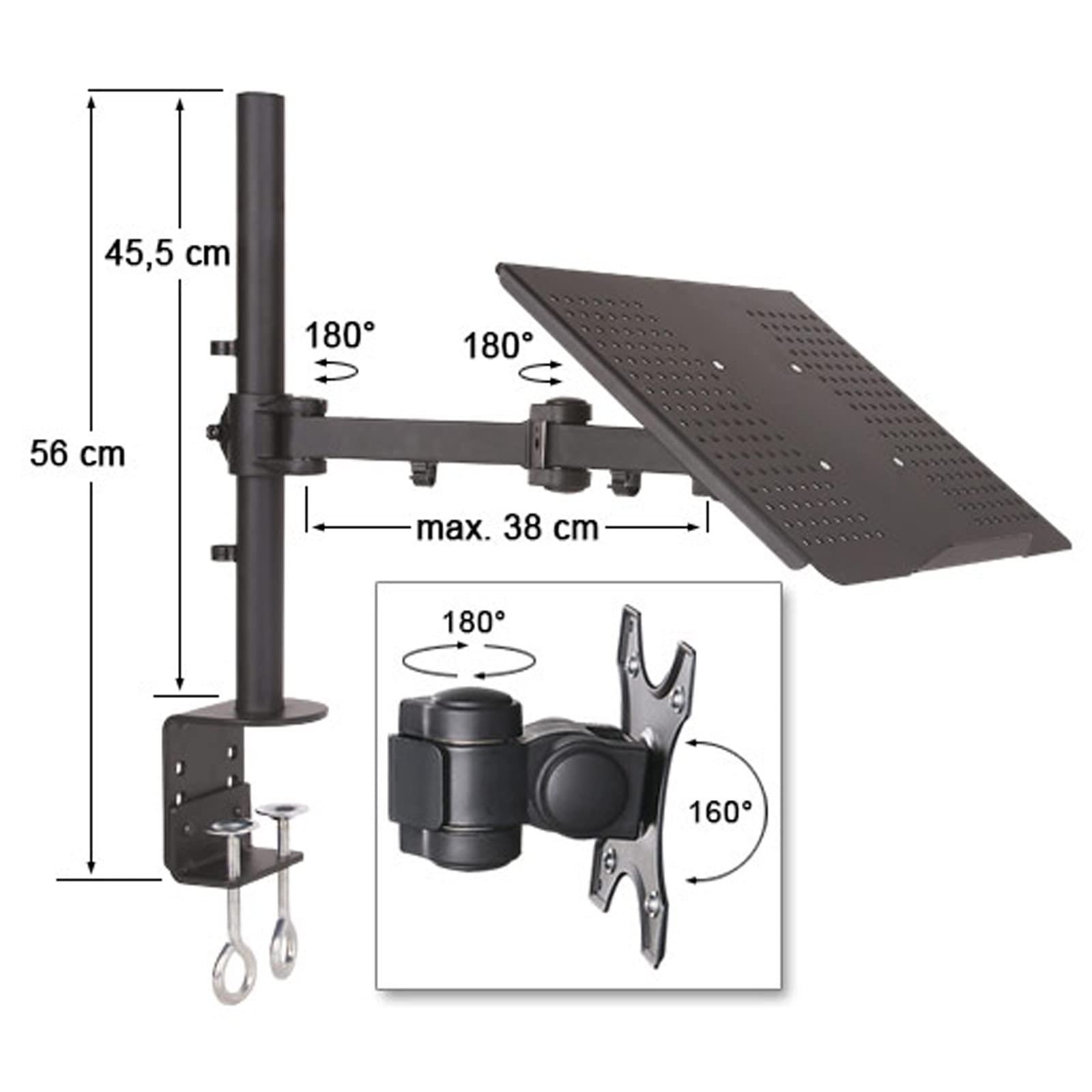 Кріплення для столу з полицею Drall WHB-18 для ноутбука, регульоване по висоті, з нахилом та поворотом, чорне, фото №5