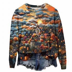 Хэллоуин Свободный Длинный Свитшот Пуловер Женский Хэллоуин Свитшот Плюс Размер Круглый Вырез Скелет Пуловер Длинный Рукав Свитшоты Футболки Топы Милая Рубашка с Длинным Рукавом - Фото 1