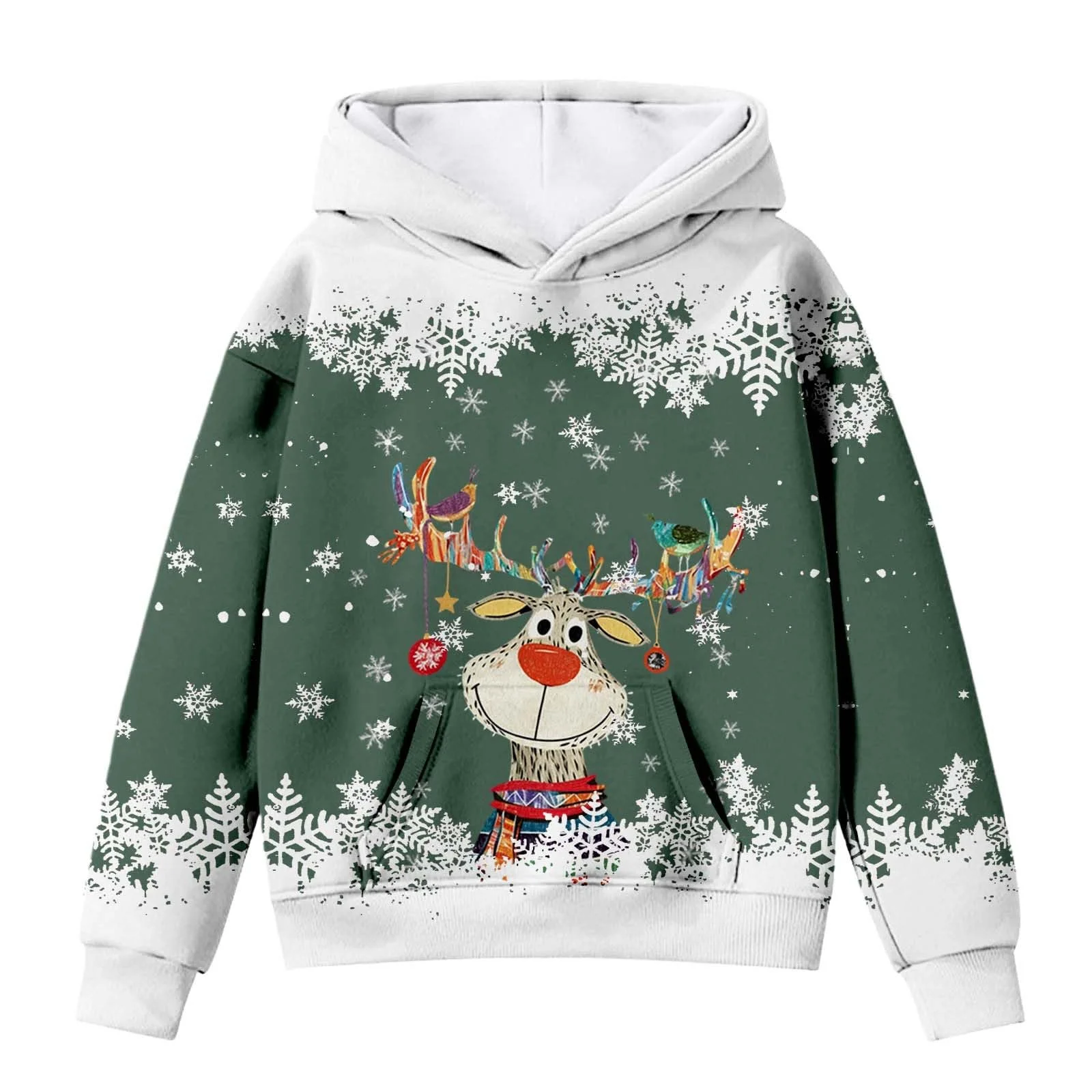 Рождественский свитер для мальчиков и девочек с капюшоном, олень, мультяшный принт, длинный рукав (2-12 лет), фото №2