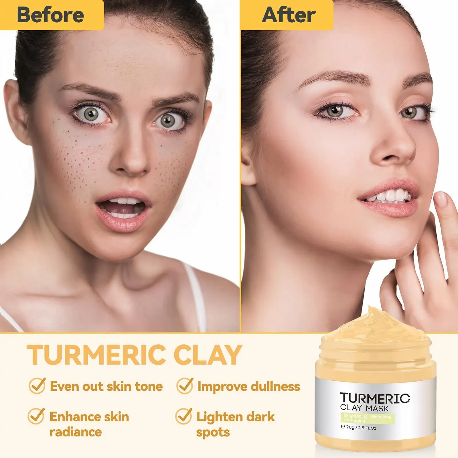 Маска для обличчя, Набір з 3 глиняних масок з куркумою, фото №4