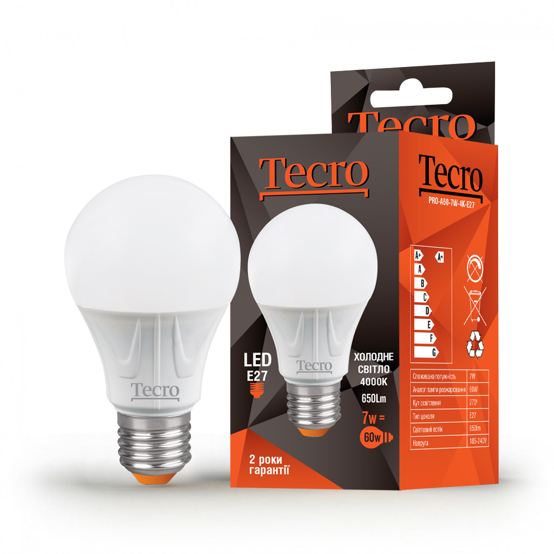 Лампа LED Tecro PRO-A60-7W-4K-E27 7W 4000K E27, фото №1