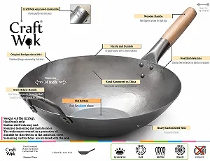 Сковорідка-Wok Craft Wok 731W316 Плоский з карбонової сталі ручної ковки з дерев'яною та сталевою ручкою 35 см Плоский 731W316 synthetic.ua - Фото 1